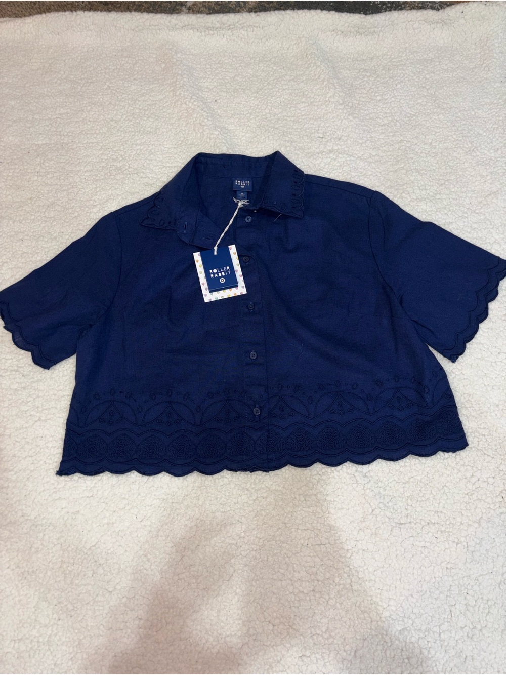 NWT Roller Rabbit x Target Navy Eyelet Scallop Crop Button-Down